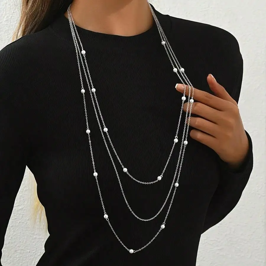 Three 925 Sterling Silver Plated Fashionable and Elegant Long Autumn/Winter Layered Women's Necklaces, Imitation Pearl Geometric Trendy Sweater Chain Necklaces
