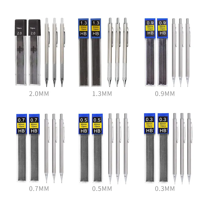 Mechanical Pencil Set 0.3 0.5 0.7 0.9 1.3 2.0mm Full Metal Art Drawing Painting Automatic Pencil with Leads Office School Supply image 5