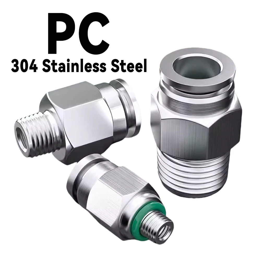 304 Stainless Steel Metal Pneumatic Joint PU Air Pipe Hose Joint BSPT 1/8 1/4 3/8 1/2 External Thread PC6-01 8-02 10-03 12-04