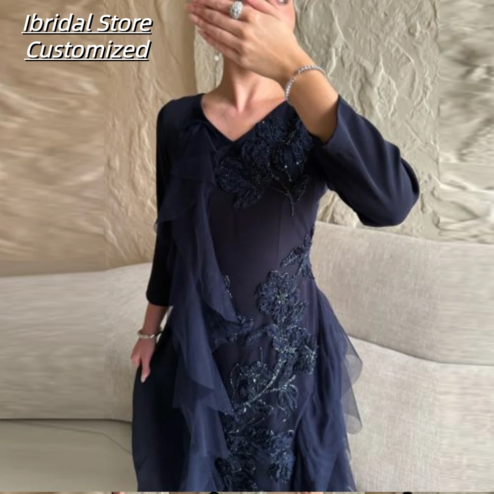 Vestido elegante personalizado con cuello en V para madre de la novia, gasa hasta el té, manga tres cuartos, Apliques de encaje, vestidos de fiesta