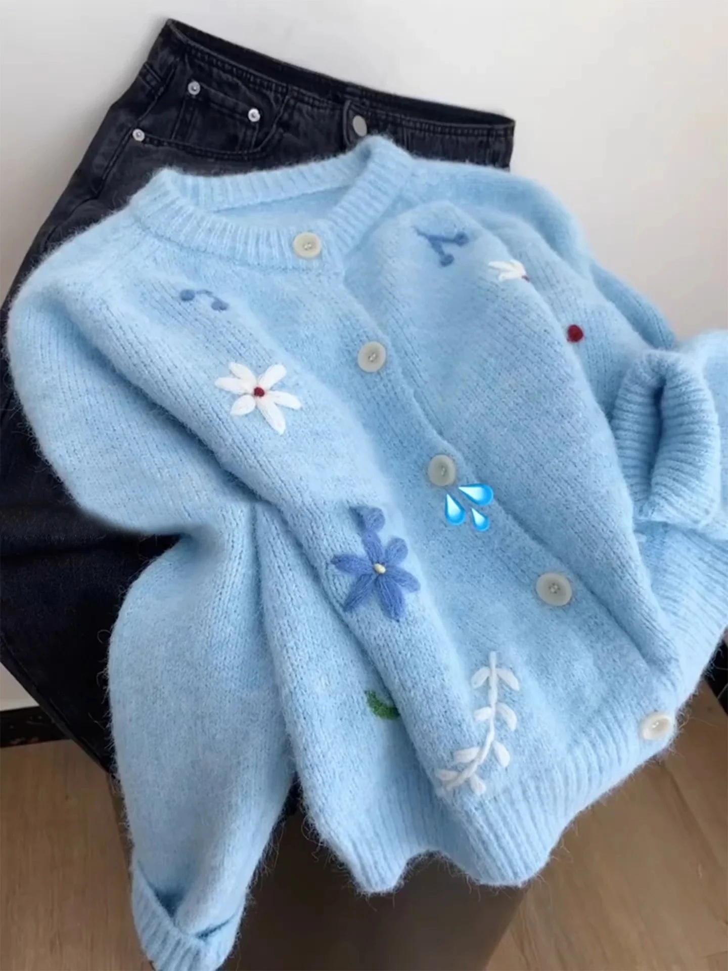 

Корейский вязаный открытый кардиган с цветочной вышивкой, женский милый художественный винтажный антивозрастной утягивающий топ на осень