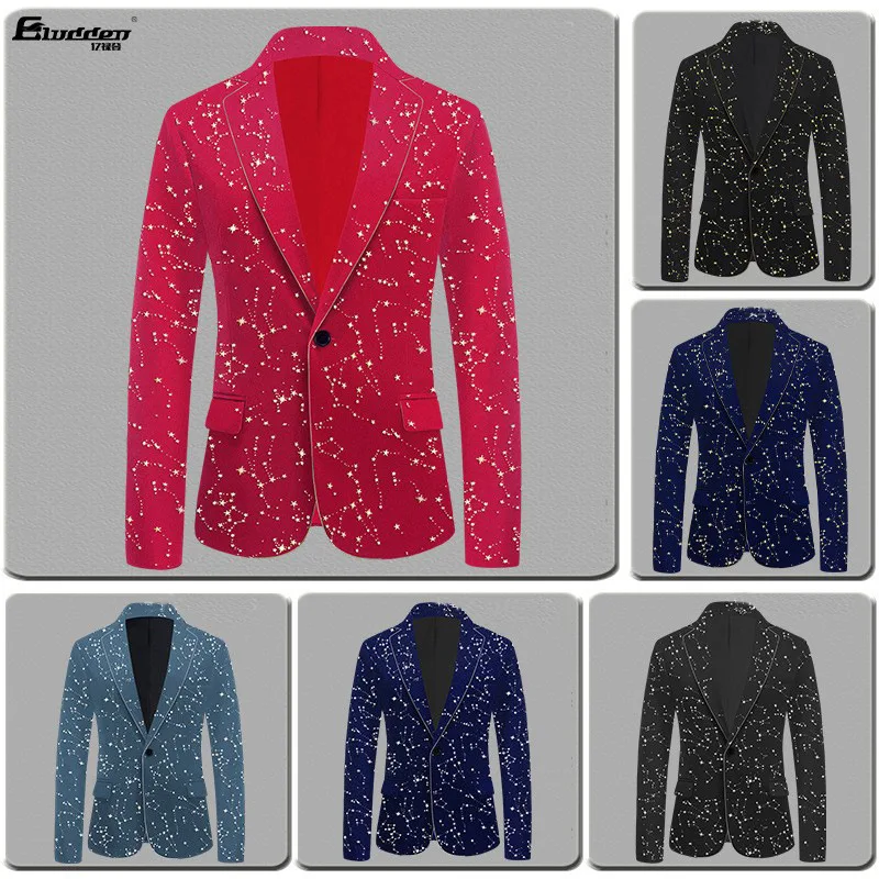 2025 Flat Velvet Hot Stamped Bordered Mens Blazer, Gold Star Polka Dot Singer Host Jacket, Stage Cantata Emcee Performance Dress