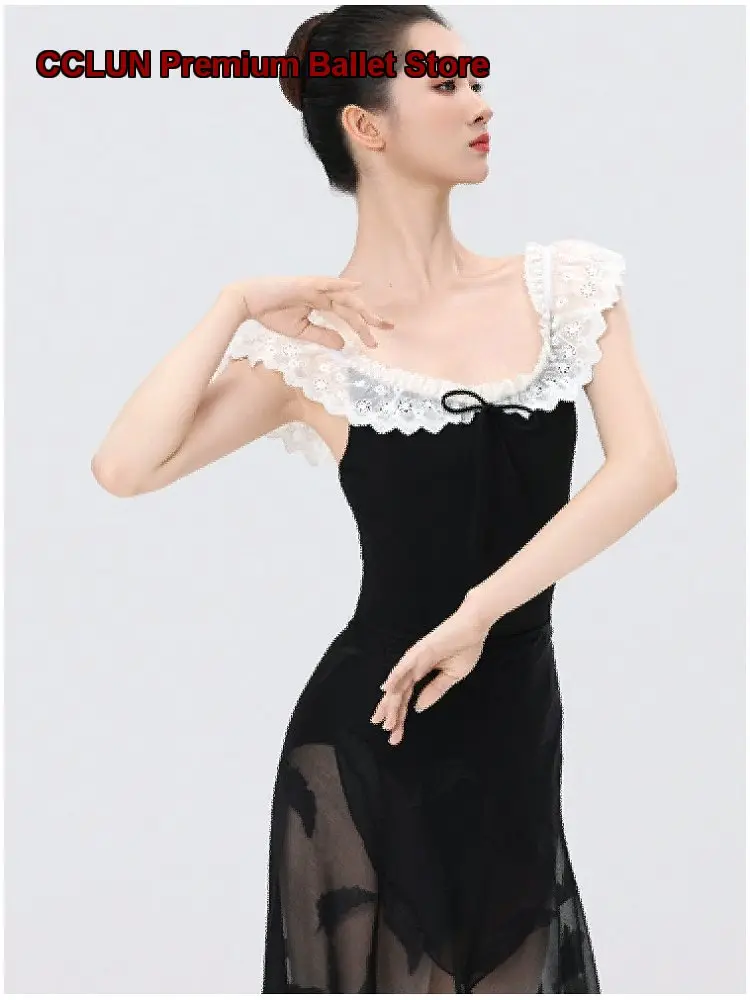 Women's Adult One-Piece Dress Patchwork Lace Trim Ballet Dance Costume Practice Leotard Body Suit Basic Training Gymnastics Leot