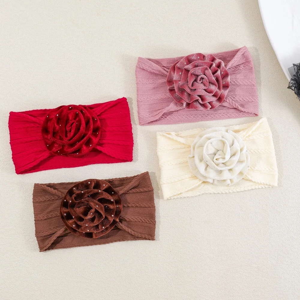 Newborn Baby Headband Velvet Flower Cable Knit Hairband for Girls Rhinestone Rose Girl Headwear Soft Kids Hair Accessories