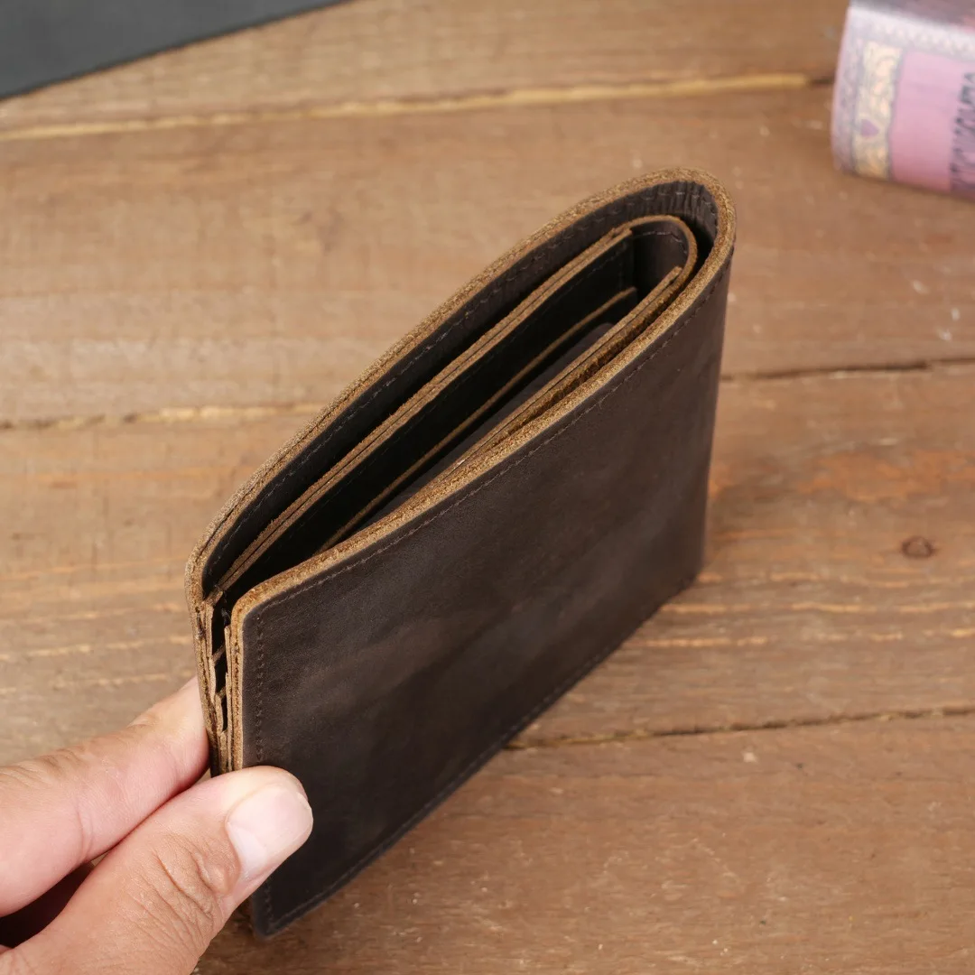Men's Crazy Horse Leather Bi‑Fold Wallet, Snap Button Closed Coin Compartment, Multi‑slots Card Organizer Mens Money Wallets