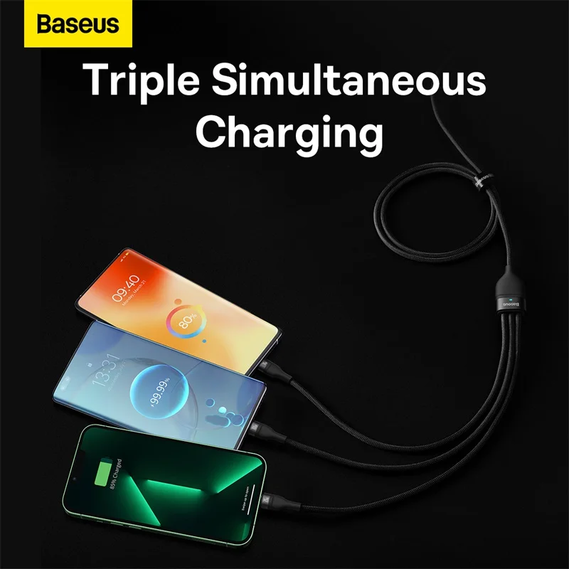 Baseus-3 인 1 USB c형 고속 충전 케이블, PD 100W, 아이폰 13 12 11 프로 맥북 샤오미용 마이크로 USB C 와이어 코드