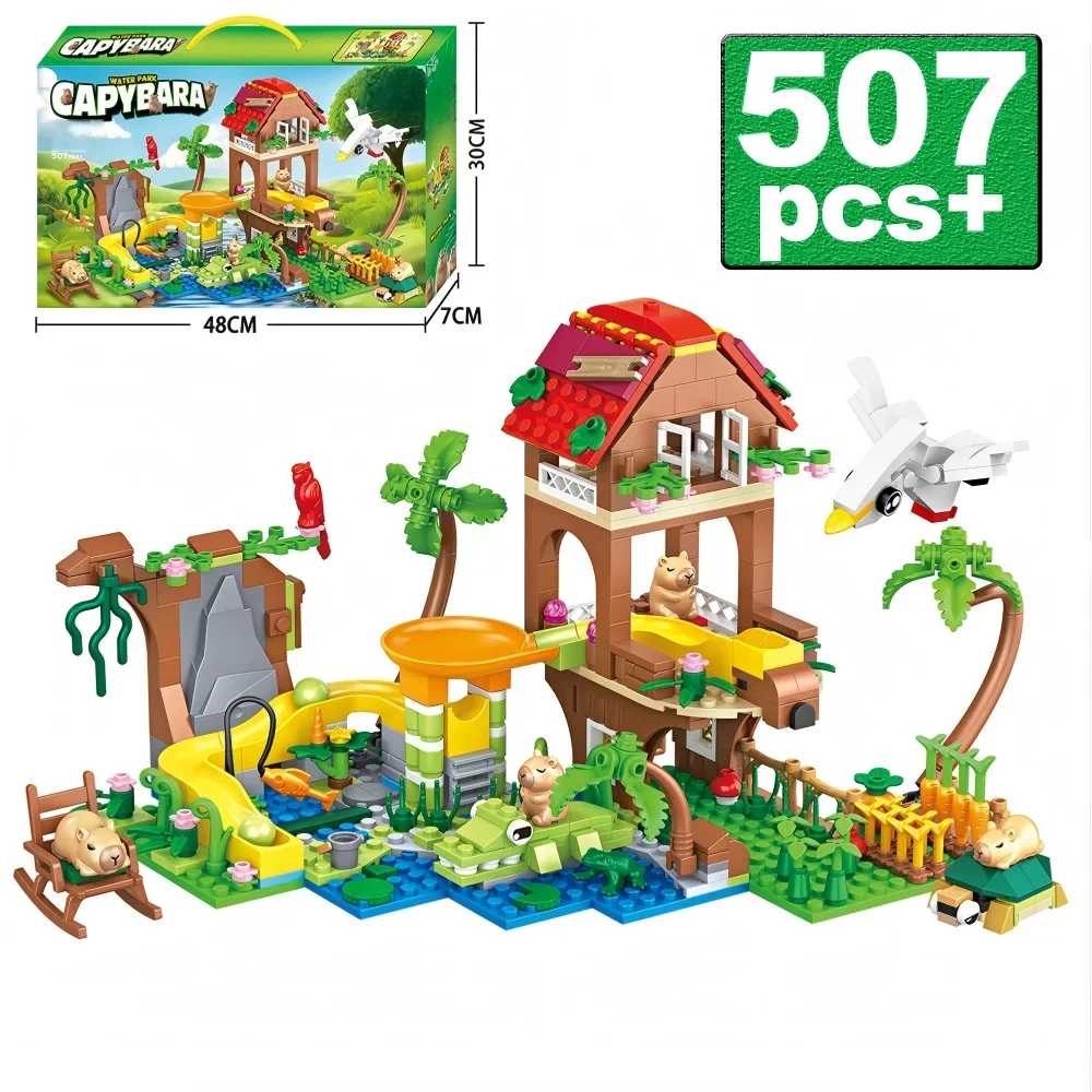 

507 деталей, конструктор «Городской аквапарк», MOC, серия «Друзья», с элементами «Капибара», «Крокодил», «Птица», «Горка», «Кокосовая пальма», креативные игрушки, подарки