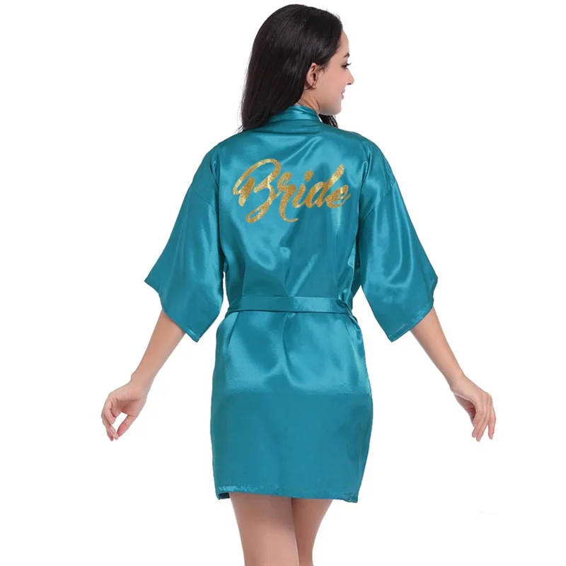 Satin Bride and Bridesmaid Silk Wedding Designer Bathrobe Short Robe with Gold Glitter For Gift