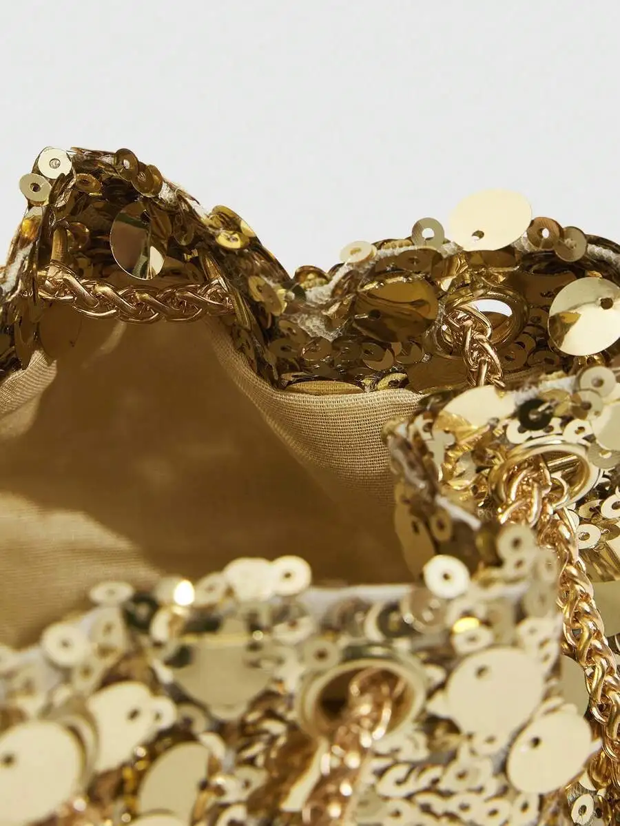 

Gold Sequin Clutch Bag With Chain Strap Drawstring Closure For Women Party Evening Wear