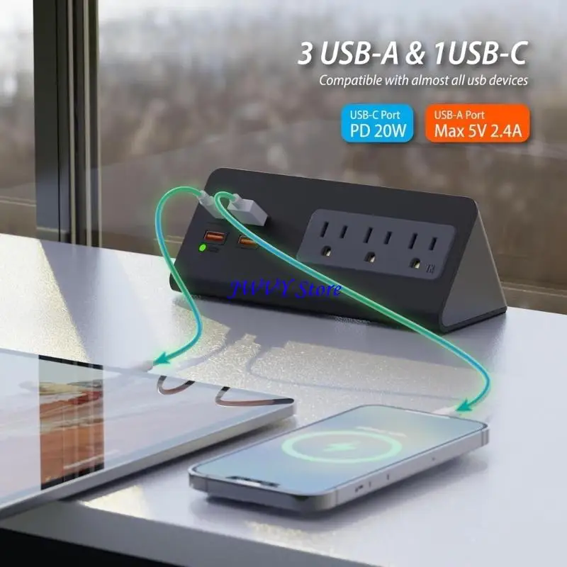 573A Desk Edges Mounted Power Strips with USB C and 3AC Outlet for Charging in Office