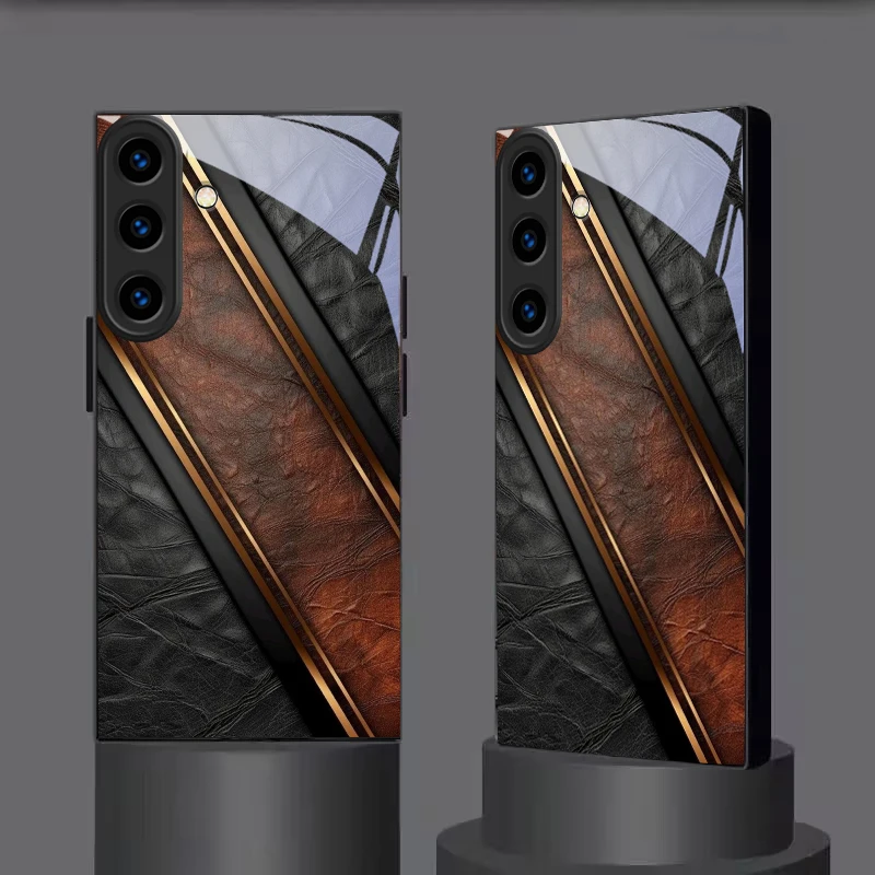 Leather Gold Line Black Glass Phone Case For Samsung Galaxy S26 Ultra S25 Edge S24 FE S23 Plus S22 S21 S20 S22+ 25FE Back Cover