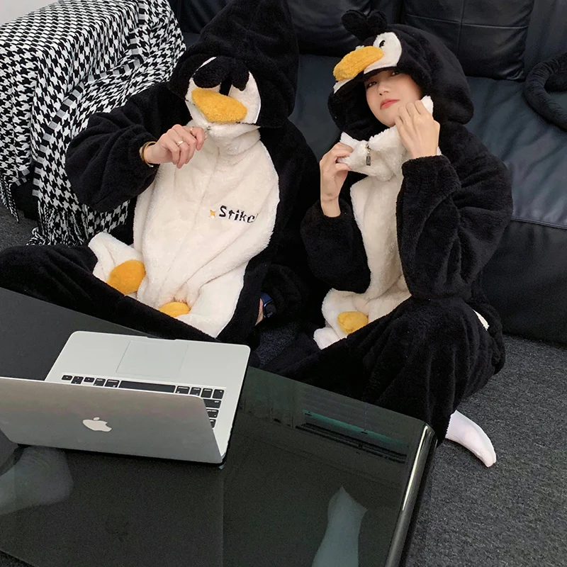 Lovely Penguin Couples Pajamas Jumpsuits Women Men Sleepwear Winter Thicken Hooded Pyjamas Coral velvet  Loose Onesie Soft Warm