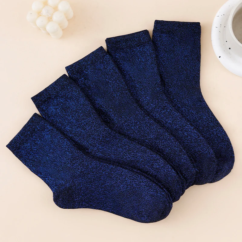 5 Pairs Of Four Season Unisex Personalized Design With Shiny Gold And Silver Silk Solid Color, Sparkling Blue Midsole Socks