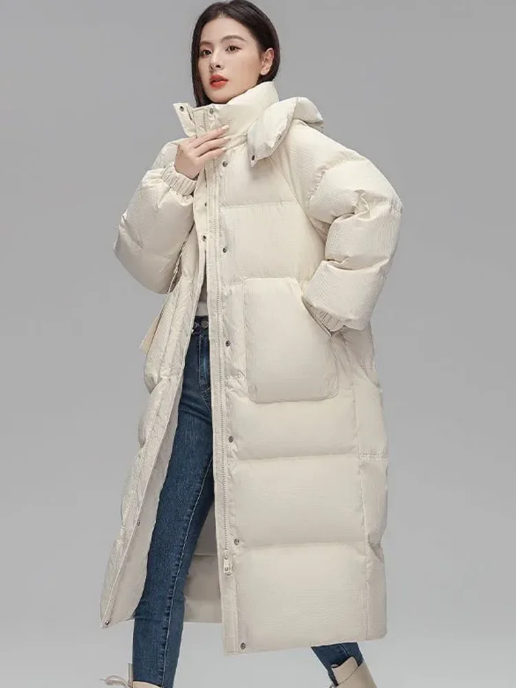 女性用フード付きロングジャケット,韓国ジッパー,厚手のダックダウンコート,クラシック,カジュアル,モノクロ,シック,暖かい,冬