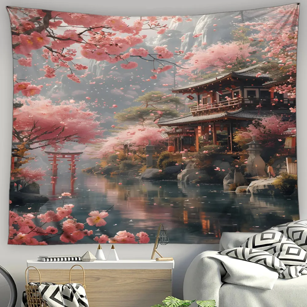 Asian Style Landscape Tapestry Nature Scenery Forest Waterfall Bedroom Living Room Home Wall Hanging Decor Natural Tapestry