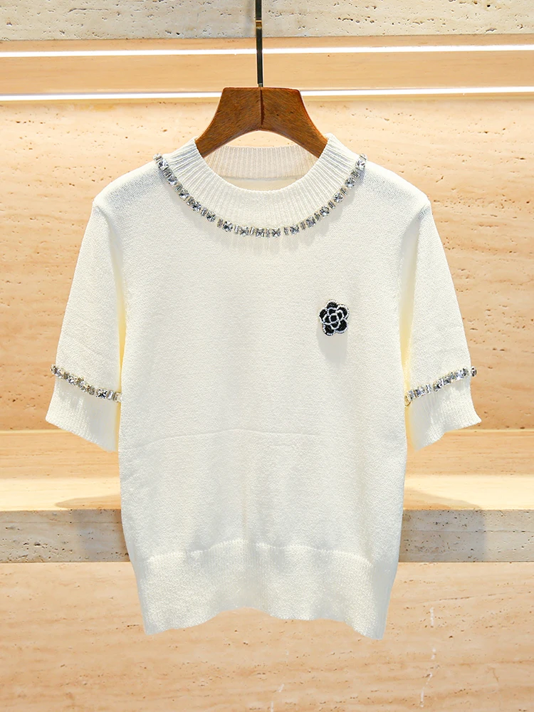 

Sweet Ele ort Knitted Sweater with Heavy Rhinestones Tea Rose Design Top for Women Commute Sle Regular Fit Summer Piece