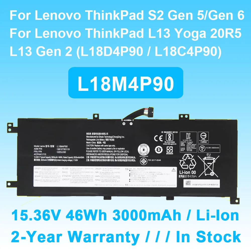 Batterie d'ordinateur portable pour Lenovo ThinkPad, L13, Yoga, Isabel 2, 20R5, 20R6, LTIsabel 5/6 Series, 15.36V, 46Wh, 3000mAh, L18SafeP90, L18D4P90, L18C4P90