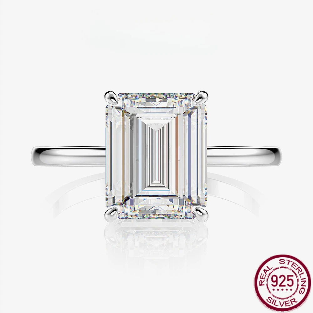 New S925 Silver Simple Fashion Diamond Rectangular Chamfered Car Flat 8 * 10 High Carbon Diamond 4-carat Ring Engagement Jewelry