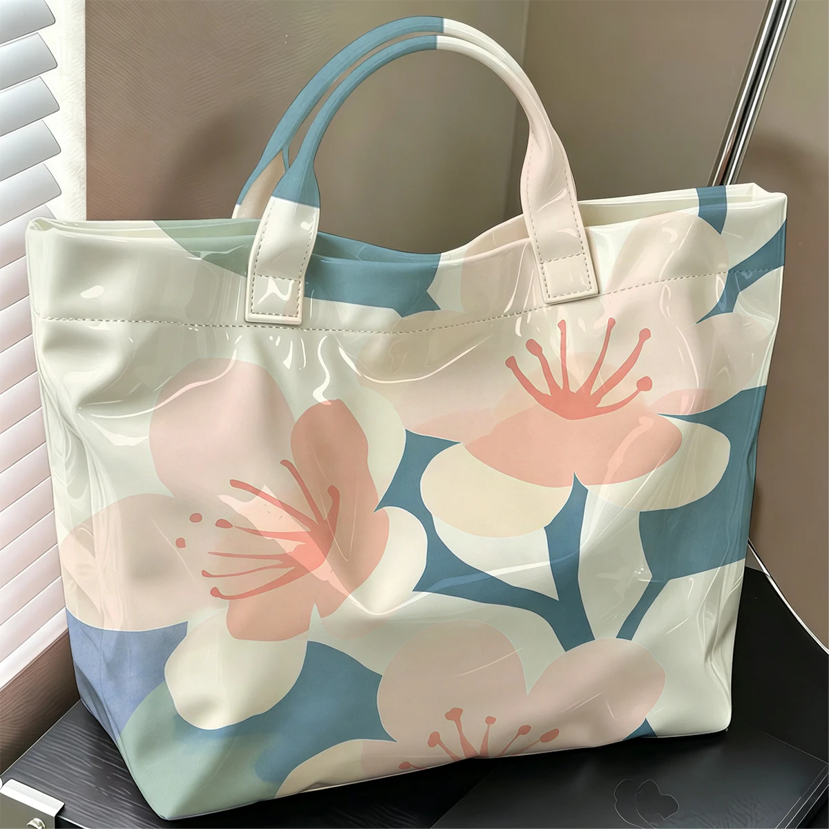 Blush Blossom Branch Cute Large Glossy PVC Tote Bag Hand Washable Lightweight Soft Great for Commute Makeup Storage Handbags