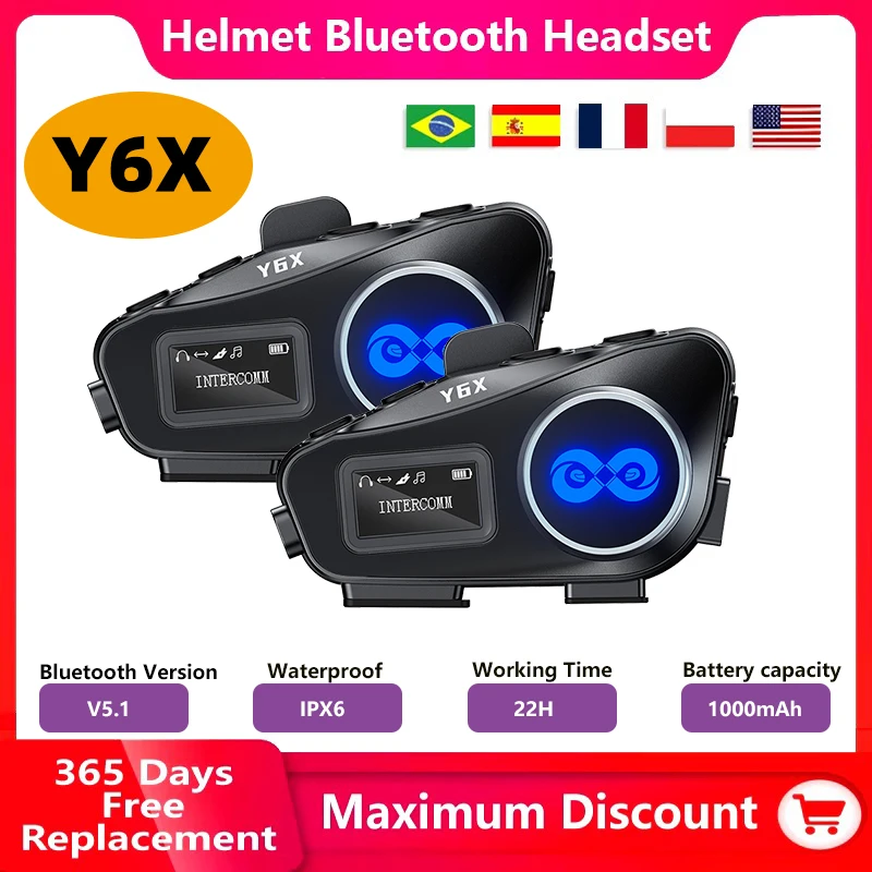 Y6X Motorcycle Bluetooth Helmet Intercom Headset Wireless V5.1 Music Share Noise Reduction FM Radio IP56 Waterproof LED Lighting