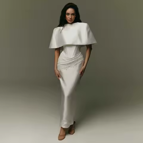 Elegant White Satin Cape Sleeve Midi Dress Women Formal Gown Evening Party Dresses Capelet Bodycon Maxi Dress Bridal Dress Gala