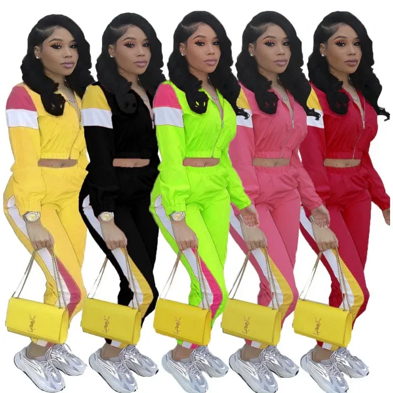 

2023 Women Colorful Patchwork Zipper Up Jackets Pencil Pants Suits Sporty Two Piece Tracksuit Outfit Casual