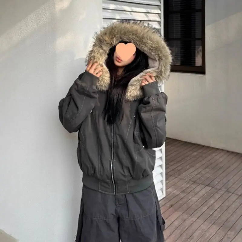 

Американское ретро женское пальто с большим меховым воротником, зимнее новое пальто Y2K для девочек, толстая теплая хлопковая стеганая куртка с капюшоном, модная пикантная девушка