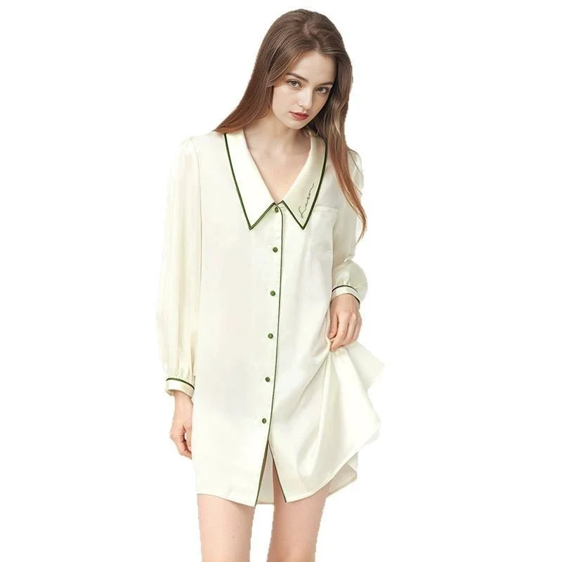2025 Summer New Style Silk Nightdress for Women - 100% Mulberry Silk, Sexy Thin Style with Doll Collar, Loungewear Shirt Dress