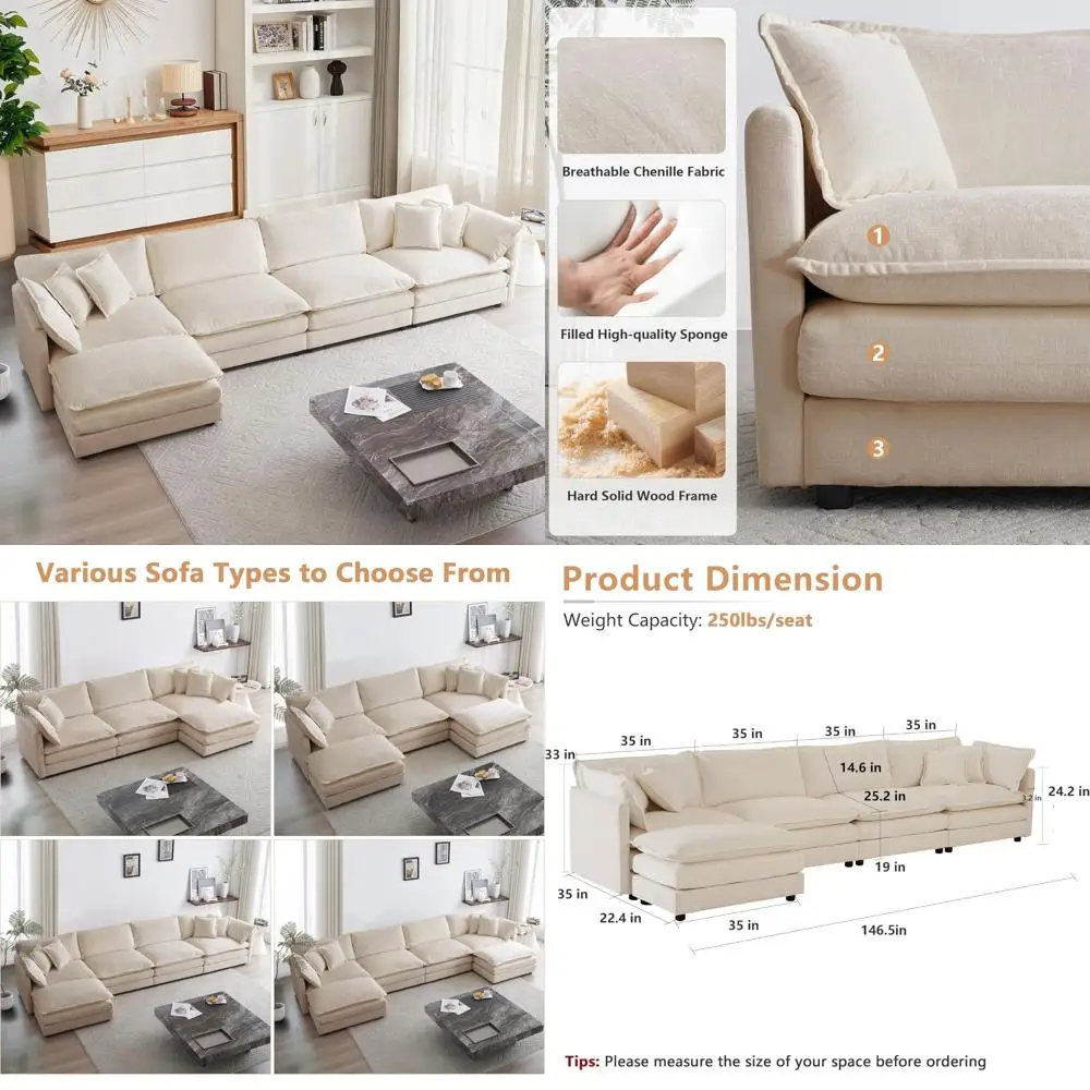 

modular sectional sofa, 146.5" l-shaped couch set for living room, 4-seat comfortable cloud sofas with movable ottoman, diy cust