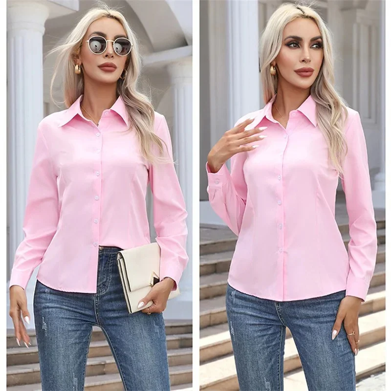 Blus kemeja wanita, atasan blus warna polos kerah rebah lengan panjang kasual Musim Semi dan Gugur