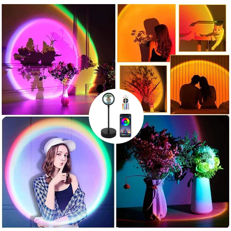 Sunset Projector Lamp Bluetooth Night Light Rainbow Atmosphere Light Room Decor Background Wall Decoration Bedroom Table Lamp