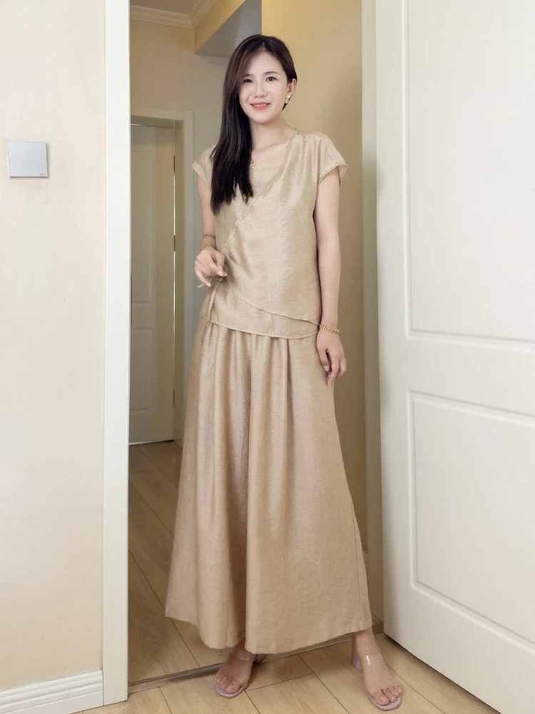 

Summer 2026 New Style Women's Wide Leg Pants Set Large Size Lyocell Fashionable Age-Defying Linen One Complete Set