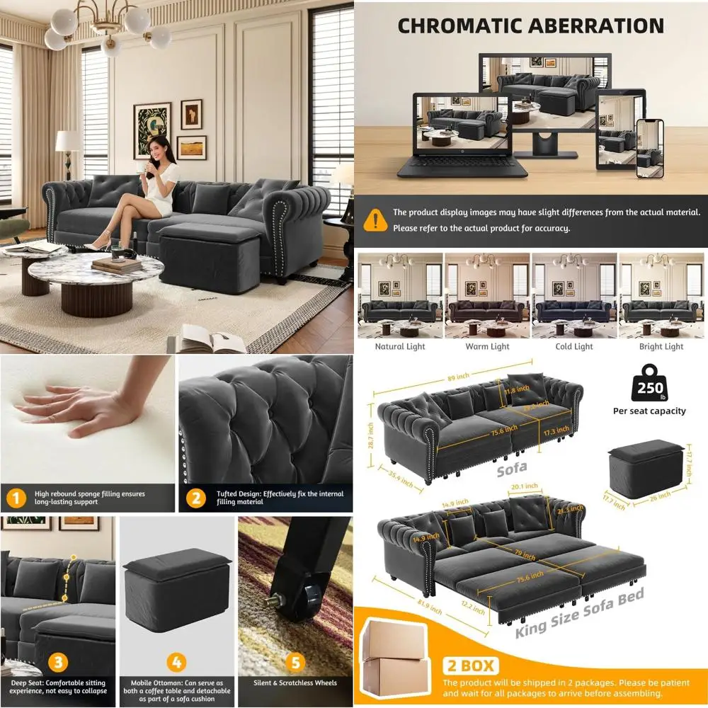 Диван-кровать-трансформер, 3-местный бархатный тафтинговый диван-кровать размера King Size с шезлонгом - выдвижной диван для удобного меха гостиной