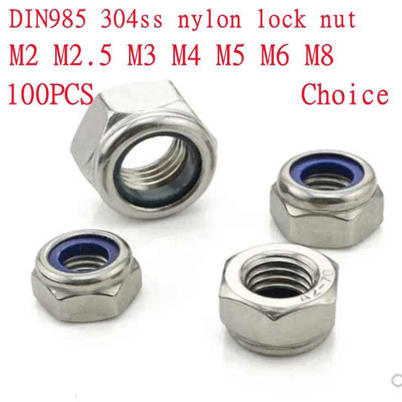 100pcs DIN985 M2 M2.5 M3 M4 M5 M6 M8 304 Stainless Steel Hex Nylon Insert Lock Nut Self-locking Locknut