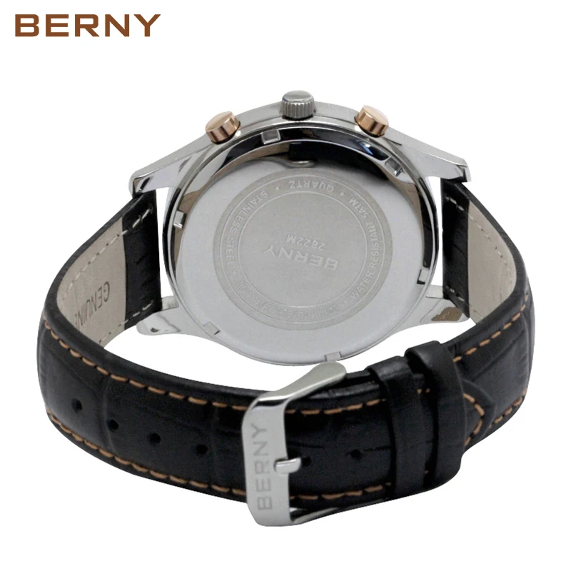 BERNY Men Quartz Sport Watches STOP WATCH Chronograph Luminous leather Strap Calendar Multi-function Sport Wristwatch Waterproof