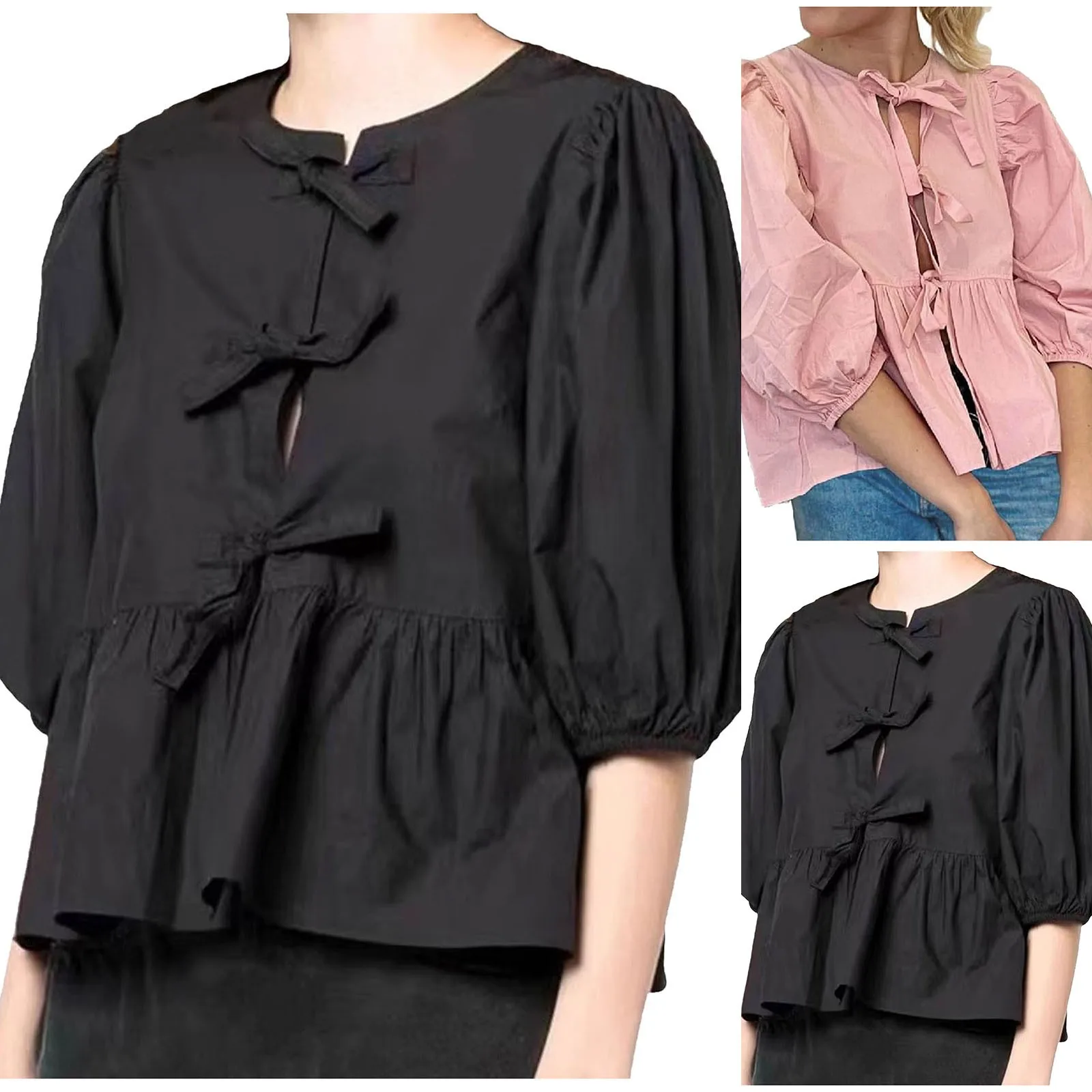 Women\'s Shirt 2024 New Fashion Front Hollow Bow Tie Ruffle Hem Shirt Top Solid Colour Loose Bubble Short Sleeve Blouse Shirt