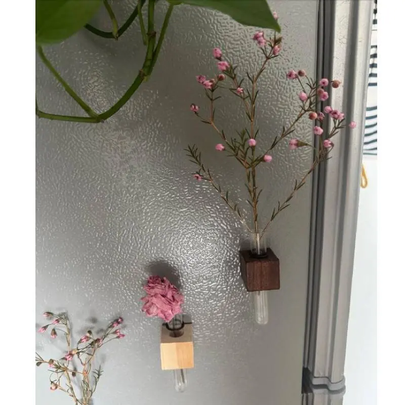 Creative Small Wooden Magnetic Test Tube Vase Fridge Magnet DIY Flower Arrangement Simulation Flower Vase Home Wall Decoration