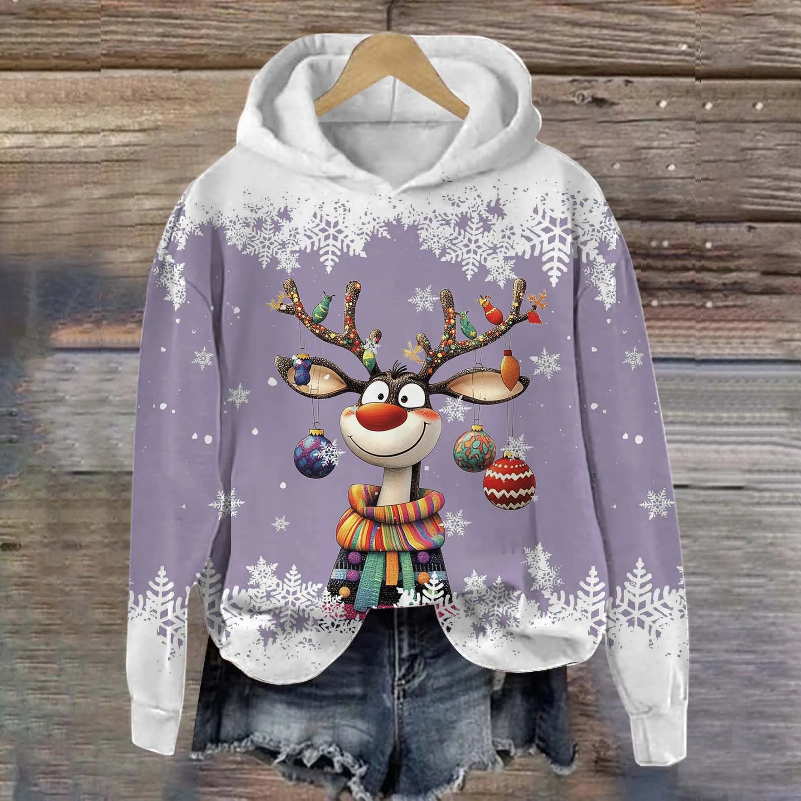 Christmas Sweatshirts Snowflake Print Round Neck Long Sleeved Hooded Sweater Hoodie Top Casual Vintage Oversized Clothing