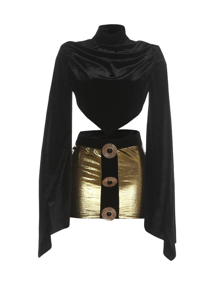 Weird Puss Fashion 2-teiliges Set Damen Trend Rollkragenpullover mit Glockenärmeln und unregelmäßigem Saum aus Cord + Rock mit Metallschnalle Sexy Streetwear – Detail 2
