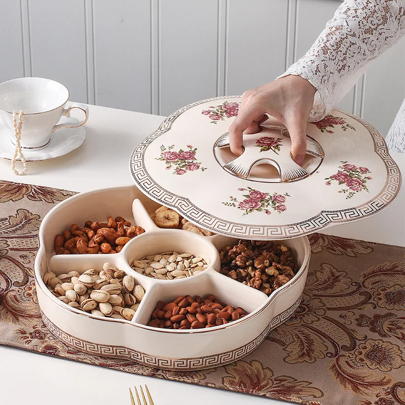 European  ceramic fruit platter with compartments and lids, snack candy platter, living room melon seed platter, high-end  platt