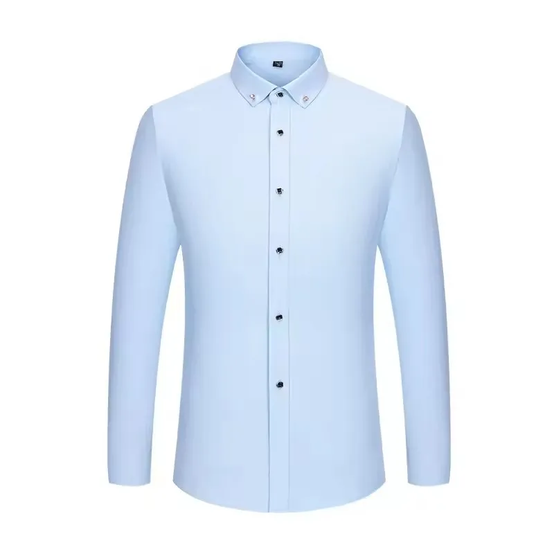 Men's Business Dress Shirt Long Sleeve Casual Solid Color Thin Diamond Button Male Social Office Shirts For Men Slim White Blue