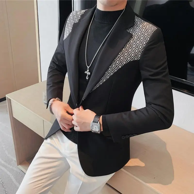 3-A66   Men\'s slim fit Korean style stylish suit with stylish printed jacket