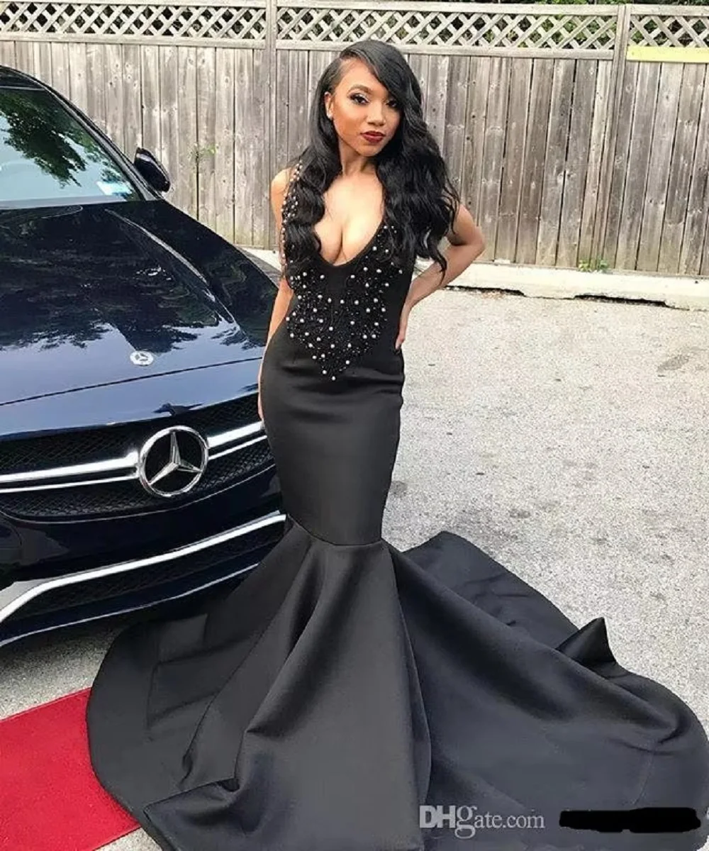 

Сексуальное черное платье с глубоким V-образным вырезом, юбка-годе, вышитое бисером, со шлейфом, Черное вечернее платье для девочек, платья для торжественных мероприятий