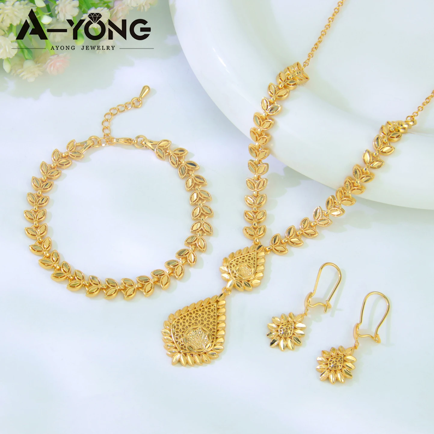 Luxuriöses Dubai Brautschmuck-Set 21k Vergoldet Nigeria Elegante Halskette Armband Ohrringe Arabischer Frauen Party-Schmuck – Detail 26