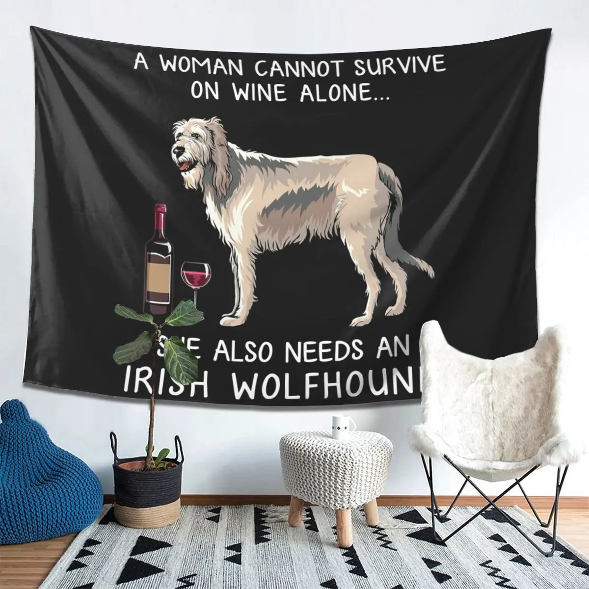 Irish Wolfhound And Wine Funny Dog Tapestry Wall Hanging Aesthetic Home Decor Tapestries for Living Room Bedroom