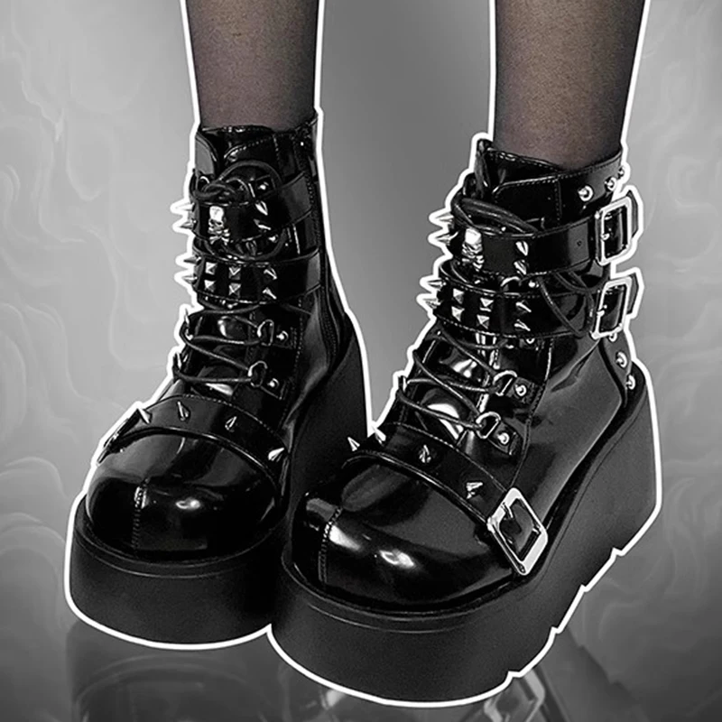 Women Punk Boots PU Leather Rivet Buckle Design Shoes Cool Retro Chunky Wedges Platform Boots Lace Up Casual Outdoor Shoes 35-40