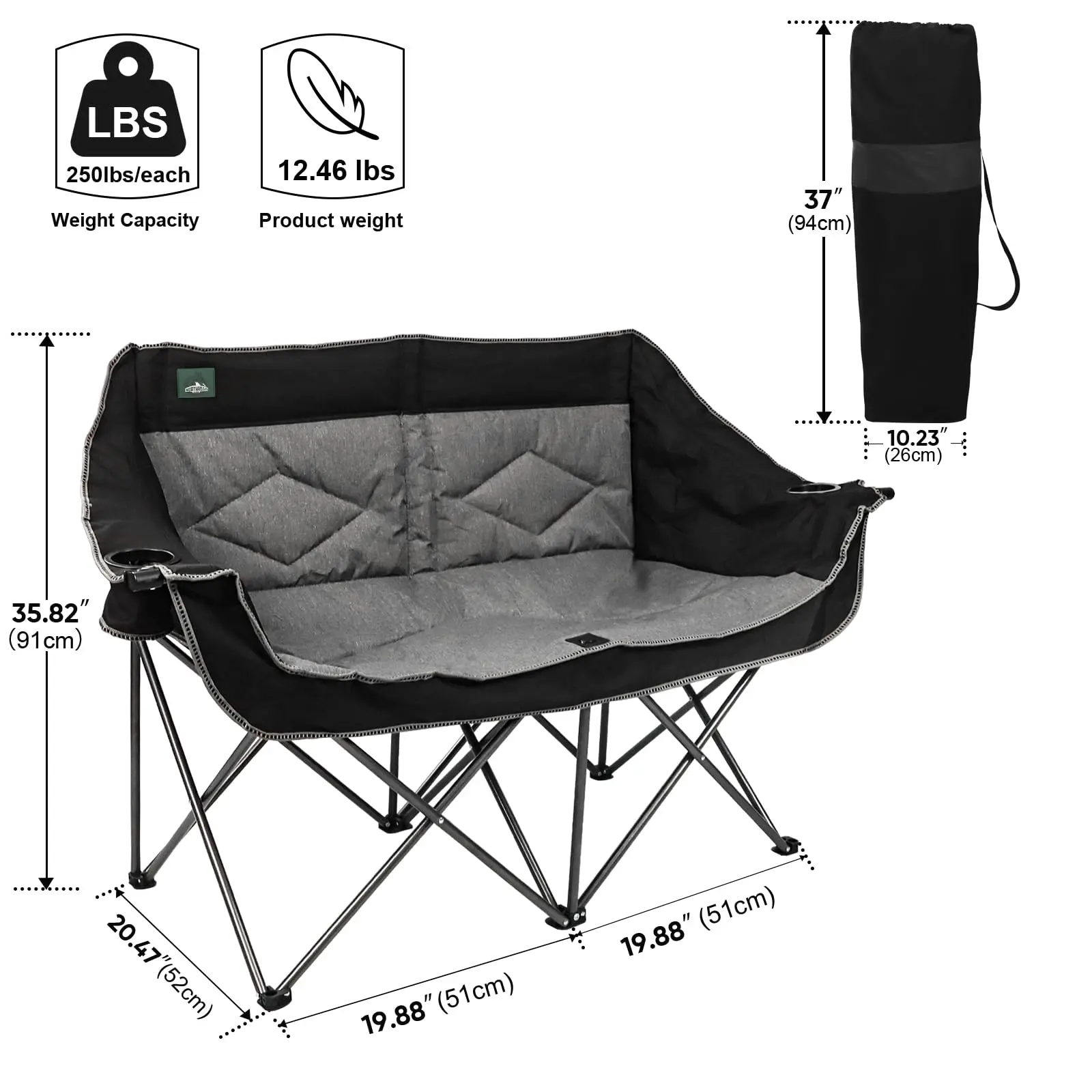 كرسي تخييم قابل للطي بمقعدين محمول مزدوج الثنائي كرسي أريكة حديقة مبطن بالكامل لشخصين يدعم 600 رطل للسفر في الهواء الطلق #6