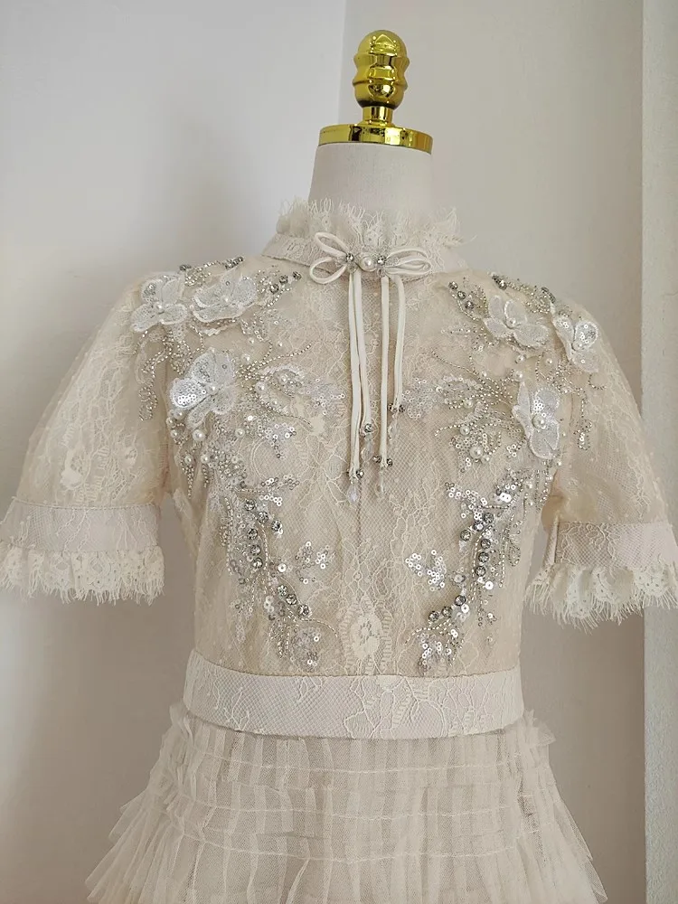 Damasco elegante vestido em camadas feminino miçangas rendas retalhos streetwear vestidos o pescoço pista design roupas de festa de férias senhora