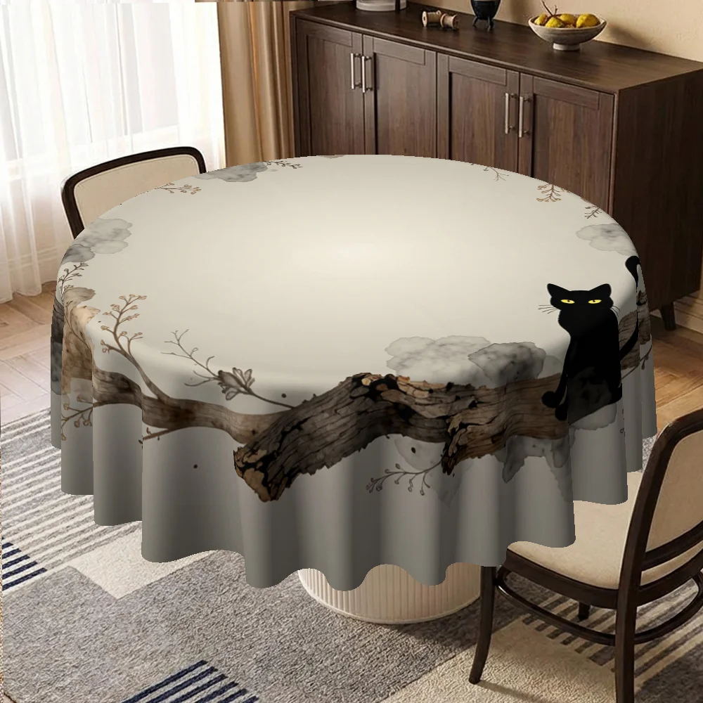 Halloween circular tablecloth, mysterious black cat and garland watercolor design - suitable for birthday partieszyc