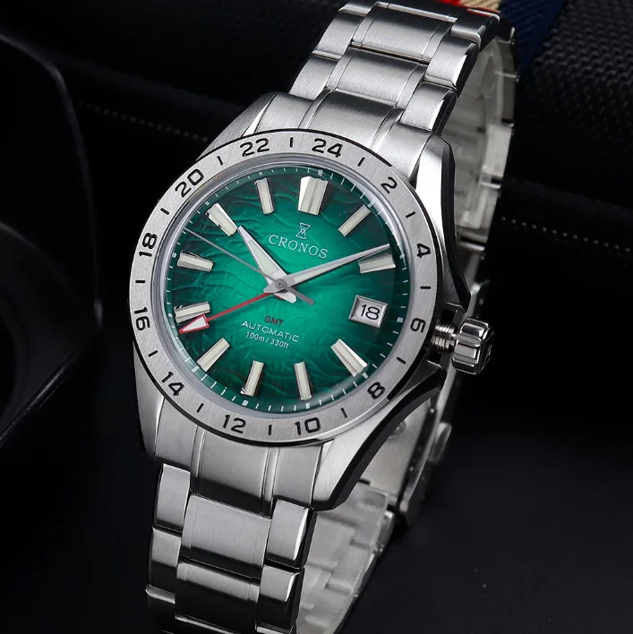 

Мужские автоматические часы CRONOS, 39 мм, GMT, механические наручные часы, сапфировое стекло, водонепроницаемость 10 бар, BGW-9, светящийся циферблат с текстурой пустыни, механизм NH34